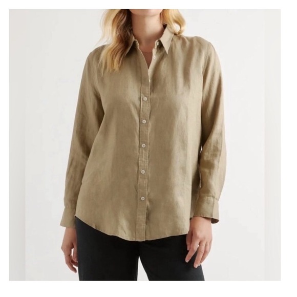 Quince Linen Long Sleeve Top M Olive Green Minimalist Safari Lightweight Button - Picture 11 of 11